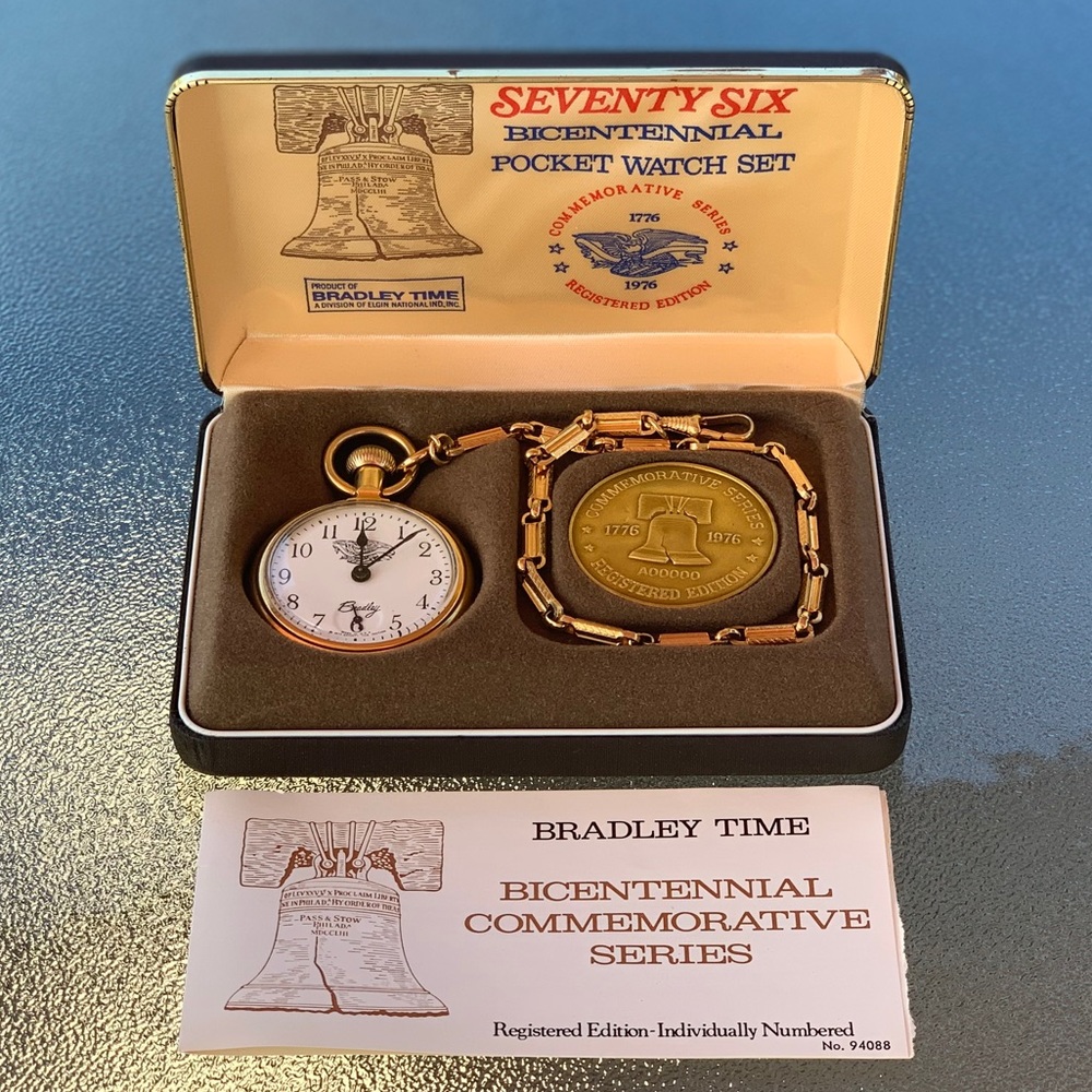 1976 Bicentennial Pocket Watch and U.S. Postage Stamps